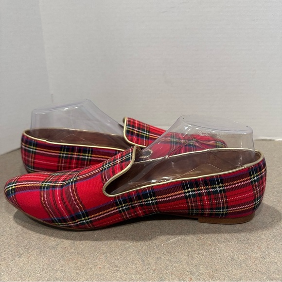 J. Crew Women’s Red Stewart Tartan With Gold Trim Slip-On Smoking Loafers Sz 10 - Picture 5 of 9